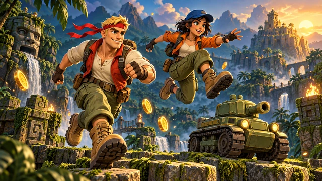 Original arcade adventure illustration with two heroes and a jungle tank