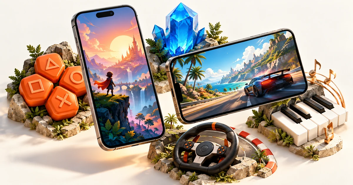 Editorial illustration of browser game and music controls on a phone