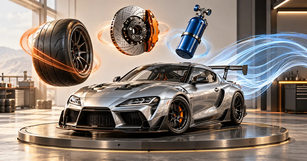 Editorial illustration of a racing car in a workshop beside four driving setup choices