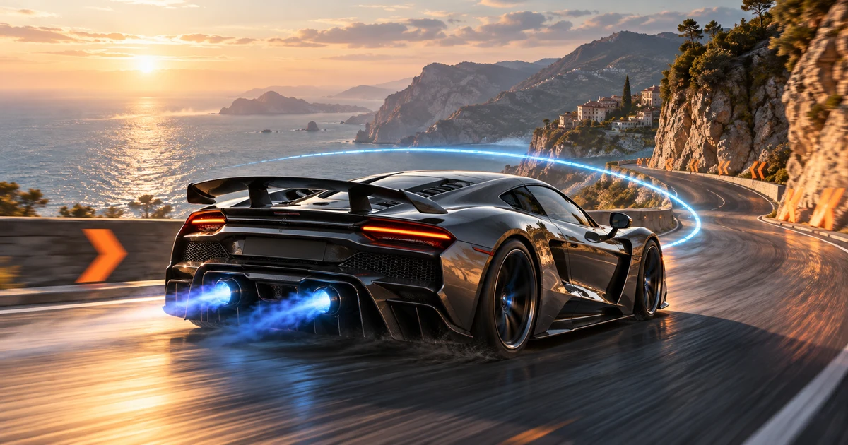 Editorial illustration of a graphite race car with blue Nitro exhaust on a coastal bend