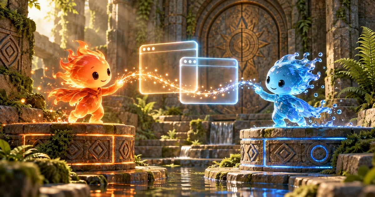 Editorial illustration of two friends joining a Fireboy and Watergirl browser puzzle from separate devices