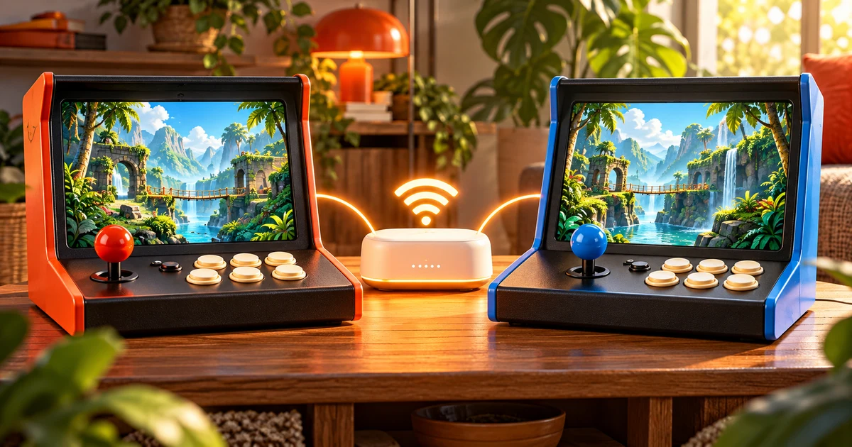 Editorial illustration of two devices sharing an arcade game over the same Wi-Fi