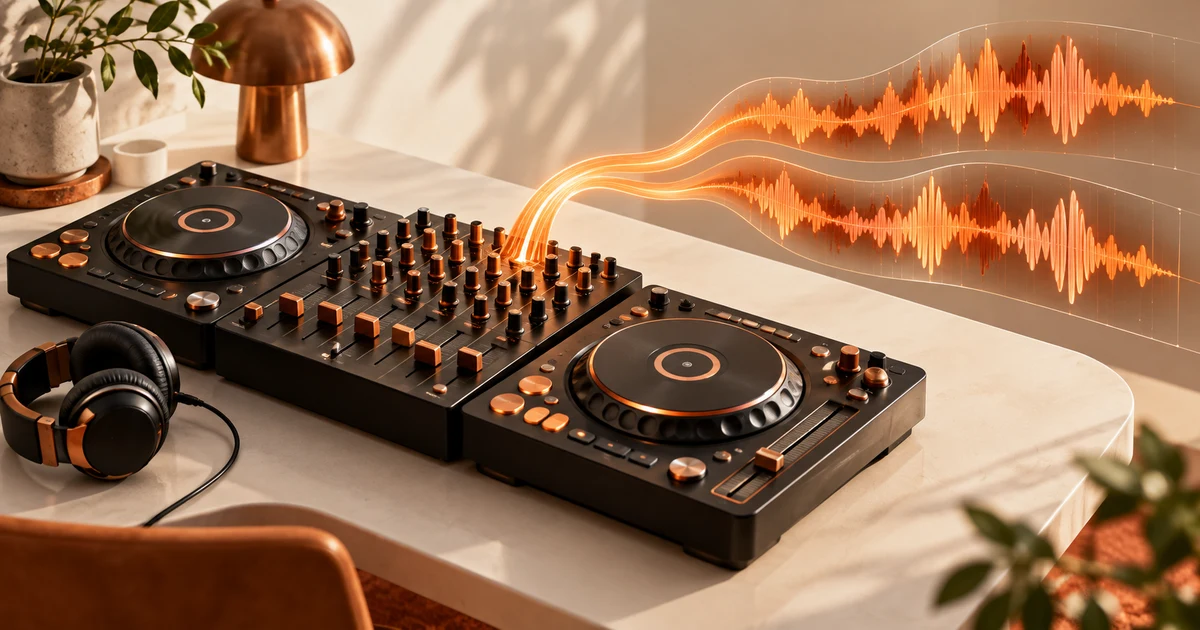Editorial illustration showing two DJ decks branching into a recorded waveform and separate editor clips