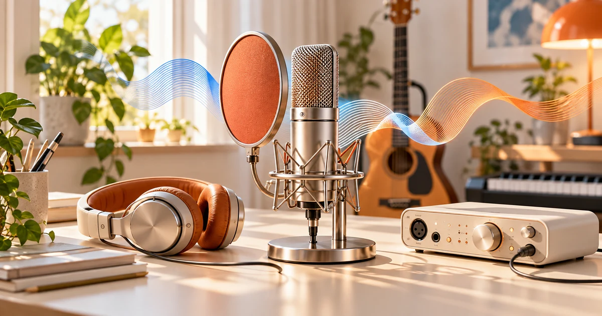 Editorial illustration of a microphone, backing waveform and current lyric line in a warm music studio