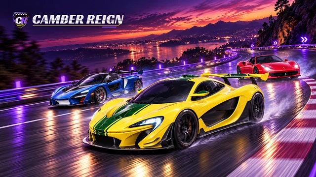 Camber Reign wordmark above a cinematic promotional illustration of a yellow McLaren P1 GTR, blue McLaren Senna and red Ferrari 458 Spider on a violet-lit coastal circuit