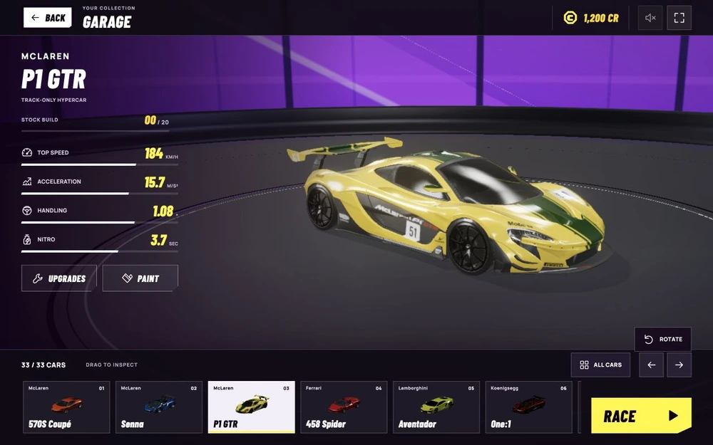 McLaren P1 GTR selected in the Camber Reign garage, with the 33-car collection, performance figures, upgrade and paint controls.