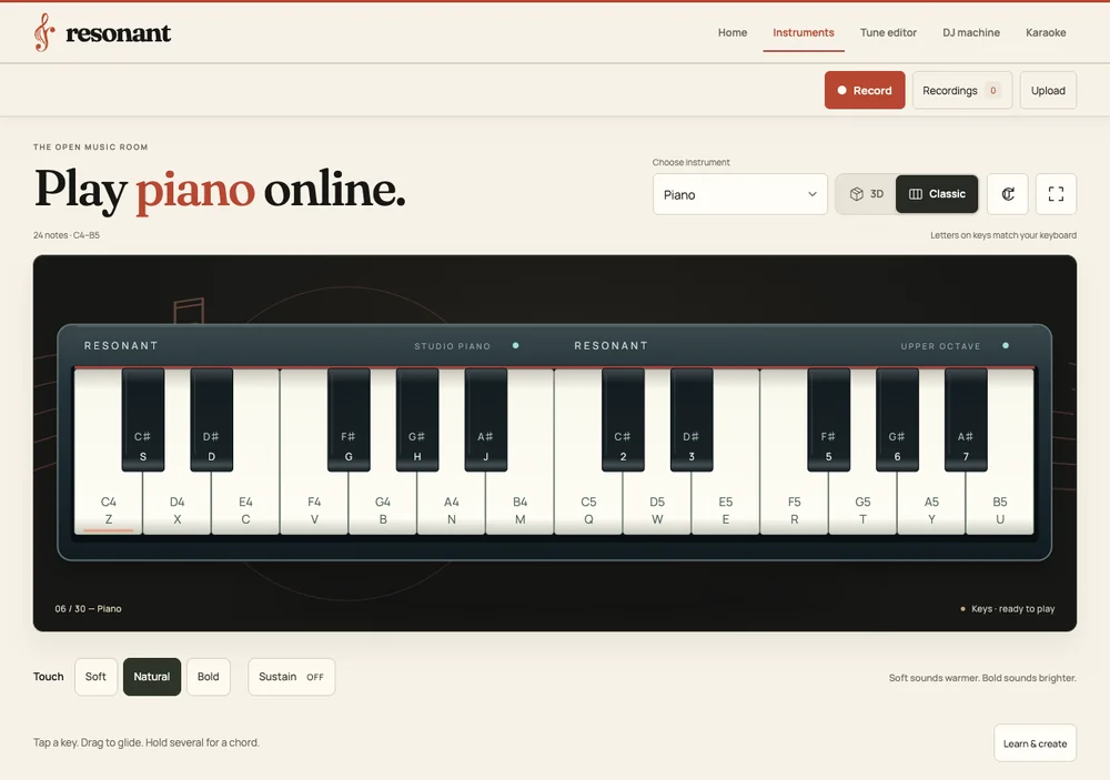 The Classic piano in Resonant, with labelled keys, touch settings and recording controls.