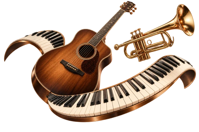Cinematic Resonant artwork with an acoustic guitar, polished brass trumpet and a flowing ribbon of piano keys