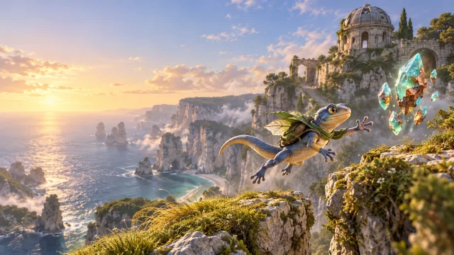 Original artwork of a blue gecko explorer gliding toward luminous crystal fragments above a coastal observatory